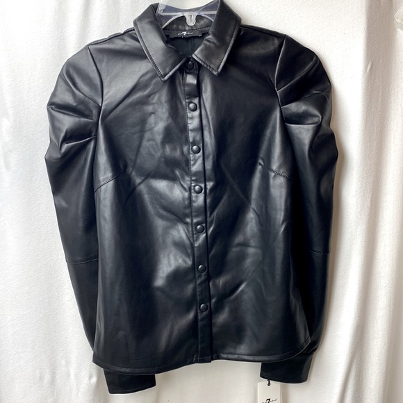 7 for all mankind Faux leather puff sleeve top NWT! Size S, black - Picture 2 of 15
